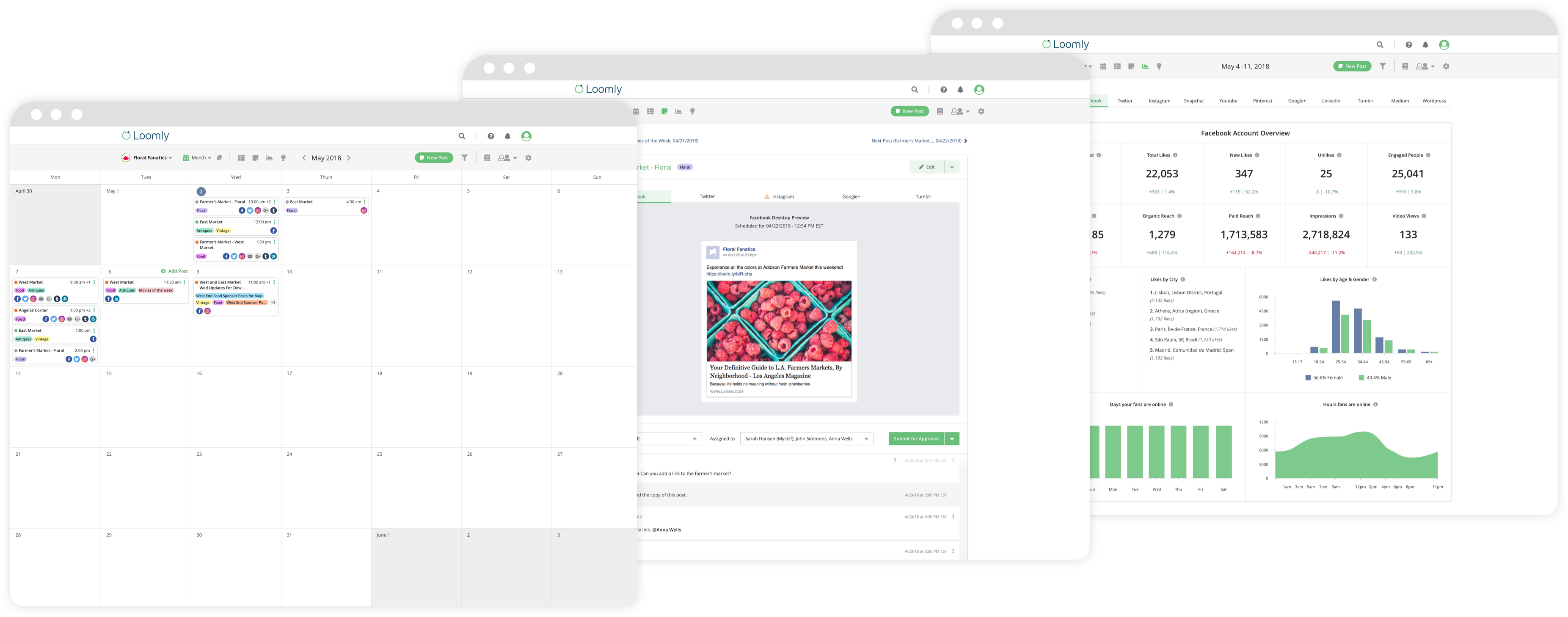 Loomly calendar view post view advanced analytics view screenshots